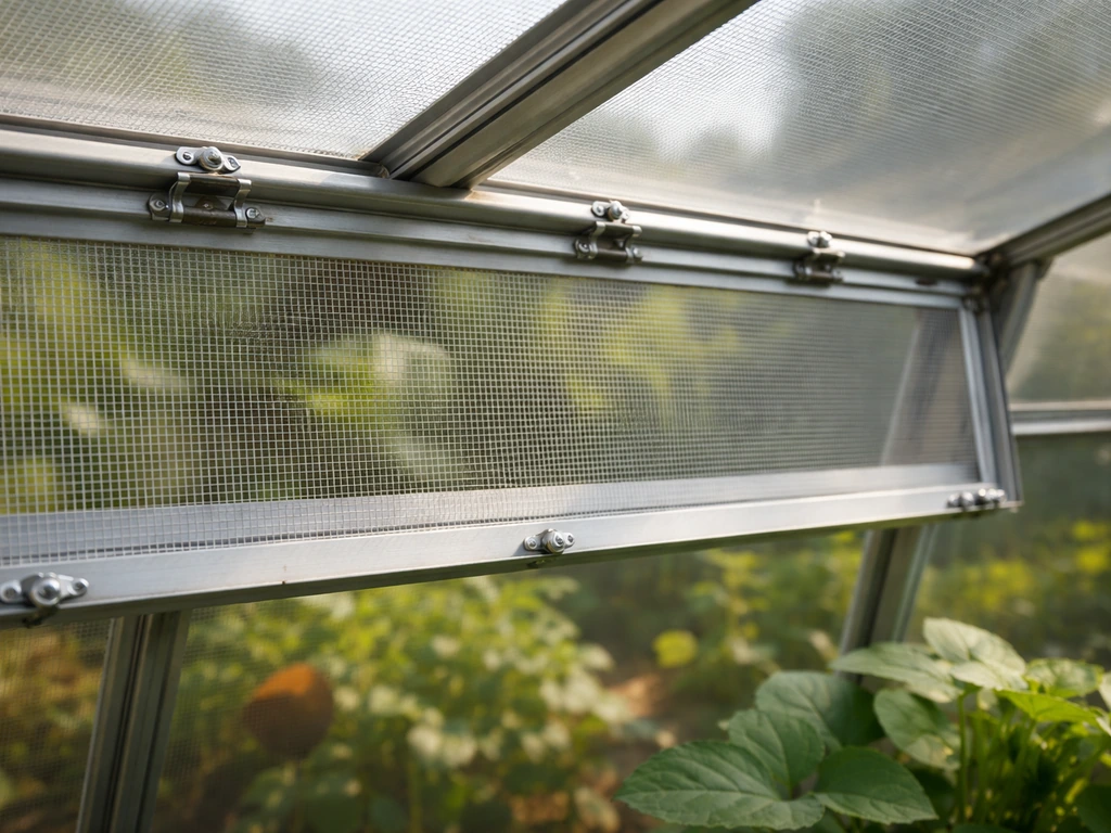 Fine mesh screen over a greenhouse vent with airflow, blocking insect pests.