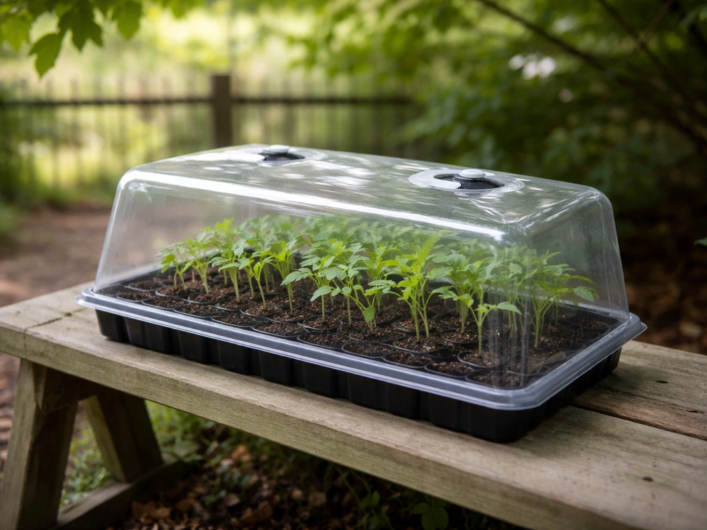 Greenhouse seedlings outdoors in a sheltered shaded spot under a tree, covered with a cloche for hardening off.