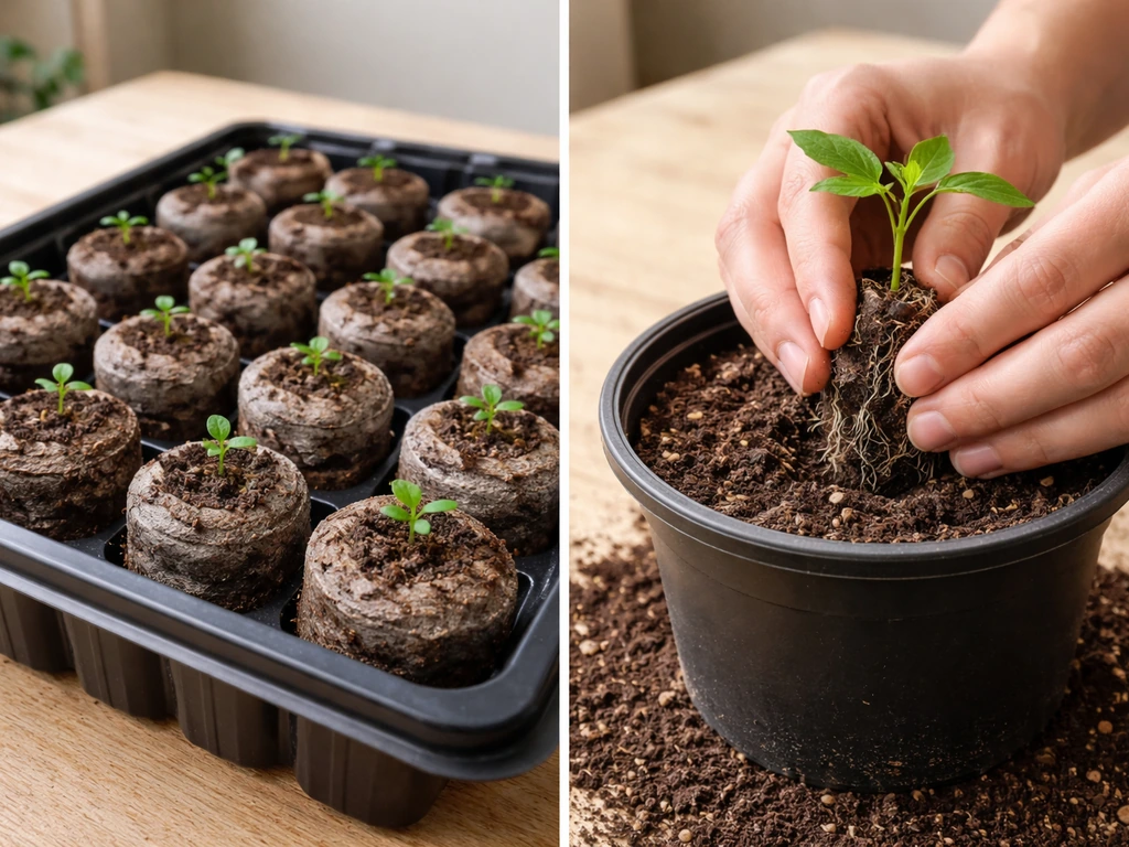 Split scene showing seed tray with seedlings beside nursery pot and hands transplanting a young plant.