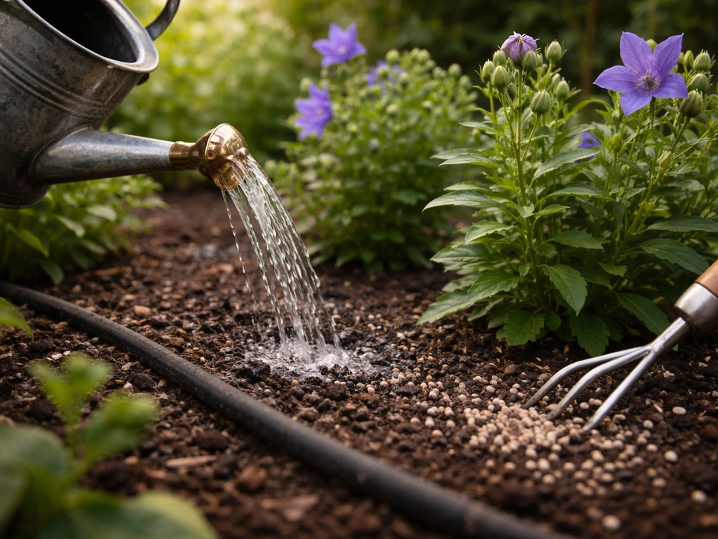A watering can pours deep water at a plant’s base while slow-release fertilizer is lightly tucked into soil.