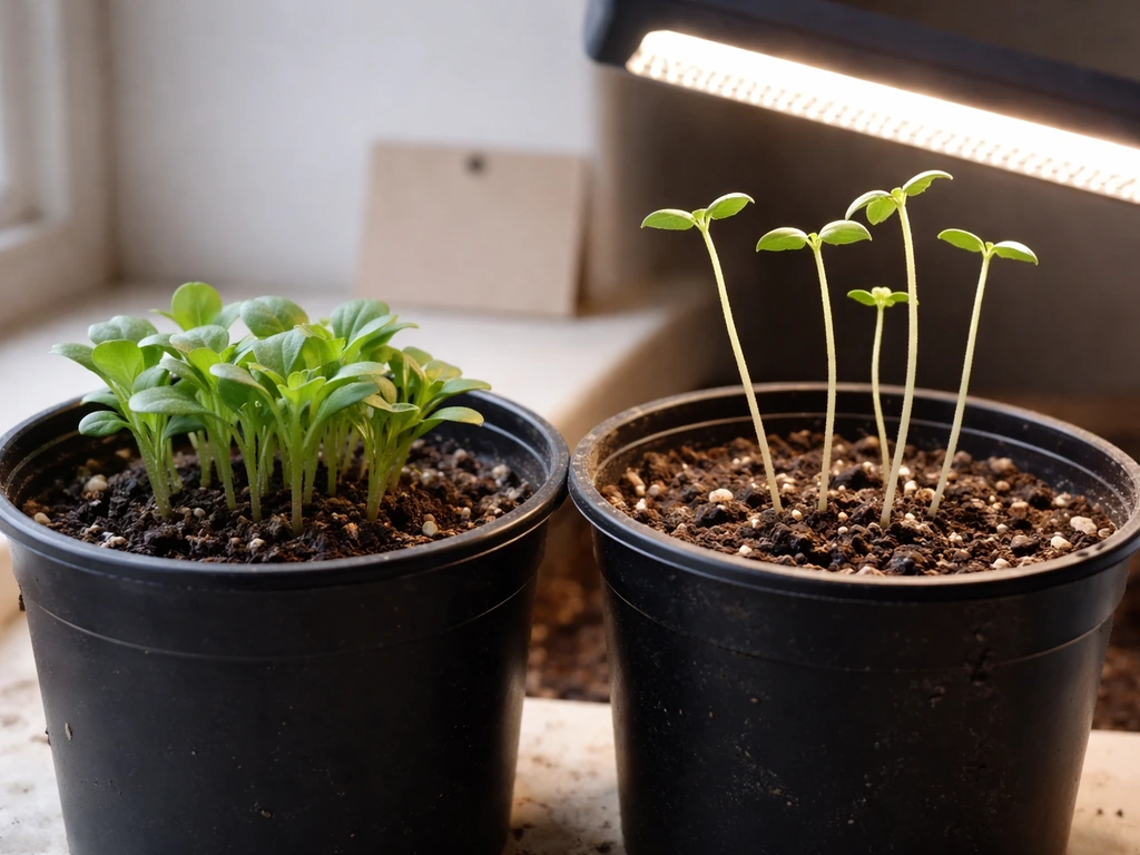 Side-by-side seedlings: short healthy sprouts vs tall leggy seedlings under insufficient light.