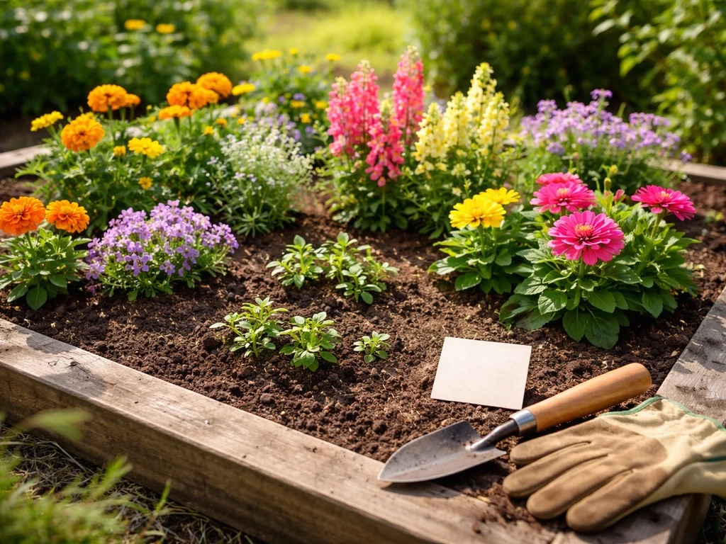 Sunlit flower bed with marigolds and snapdragons, spaced soil, small trowel and blank planting note nearby.