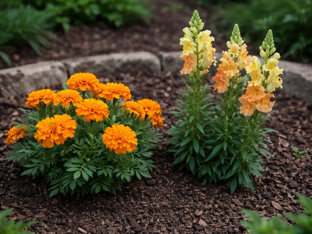 Orange marigolds and pale snapdragons growing in a simple home garden bed, bright natural light.