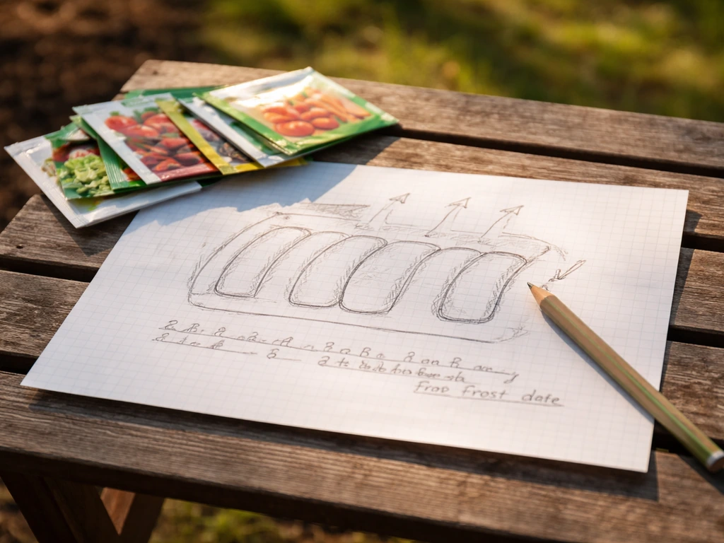 Handwritten garden plan on graph paper with sun-direction arrows and seed packets on a wooden table.