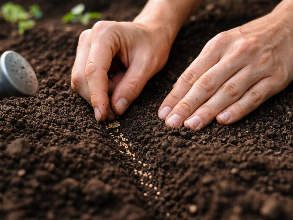 Gardening hands sowing seeds at shallow depth and gently pressing soil, with a watering can nearby.