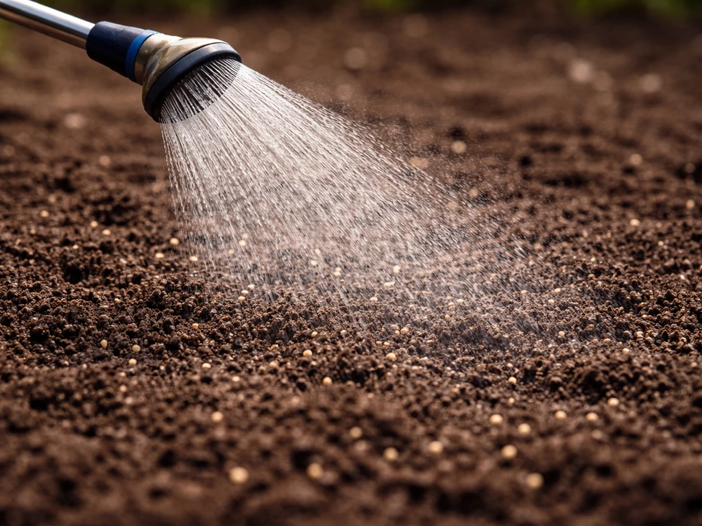 Close-up misting a newly seeded bed to keep soil evenly moist, fine water spray over dark soil.