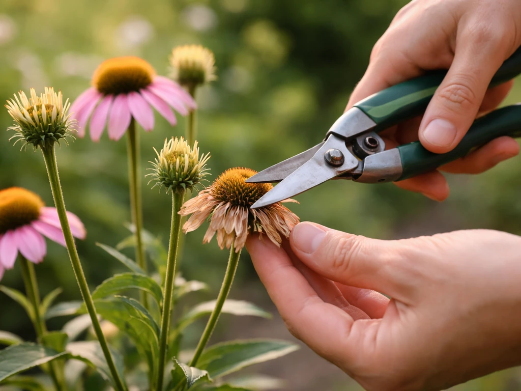 Hands deadheading spent flowers with small pruners, fresh buds visible on the same stems.