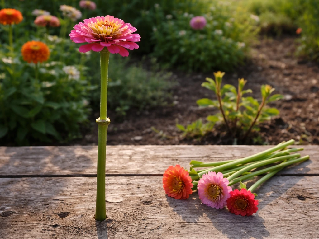 Freshly cut flower stems with visible nodes and nearby new regrowth in a bright cutting garden.