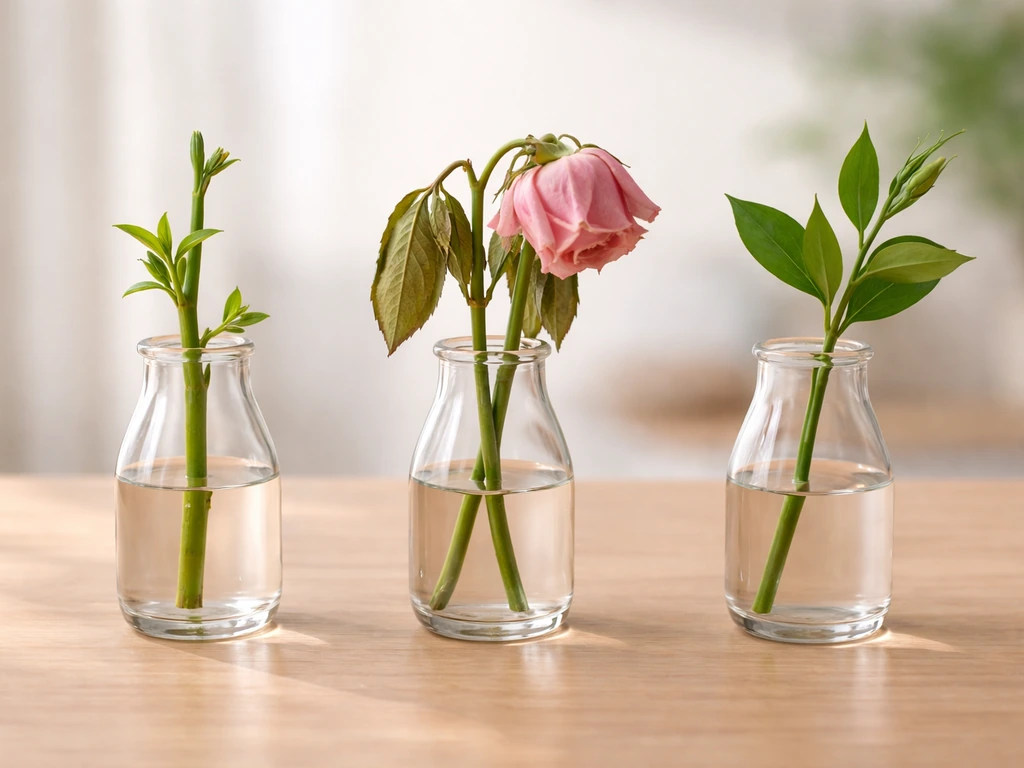 Three potted flower stems in separate vases: one re-budding, one fading, one fresh cut with green leaves.
