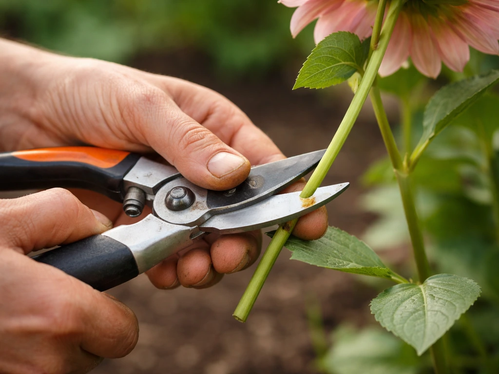 Gardener’s hands using pruning shears to make a precise 45° angled cut on a flower stem