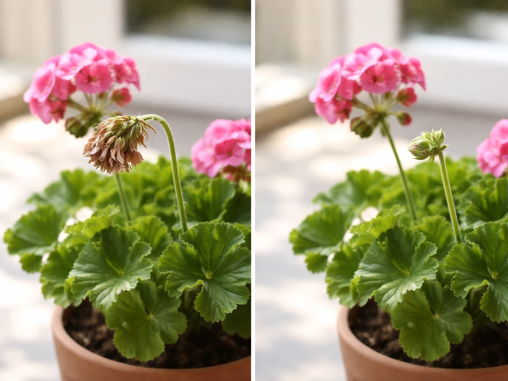 Side-by-side before/after of deadheading: spent faded bloom removed, new bud forming on the plant.