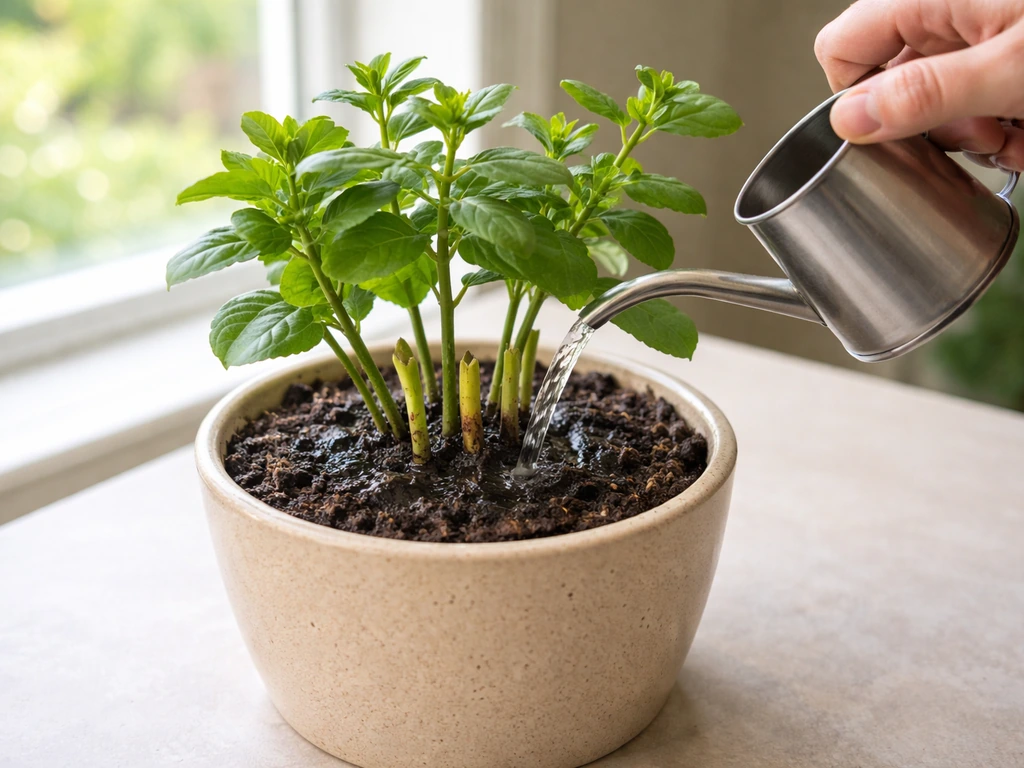 A hand deep-water a pruned potted plant as small new buds begin forming on healthy growth.