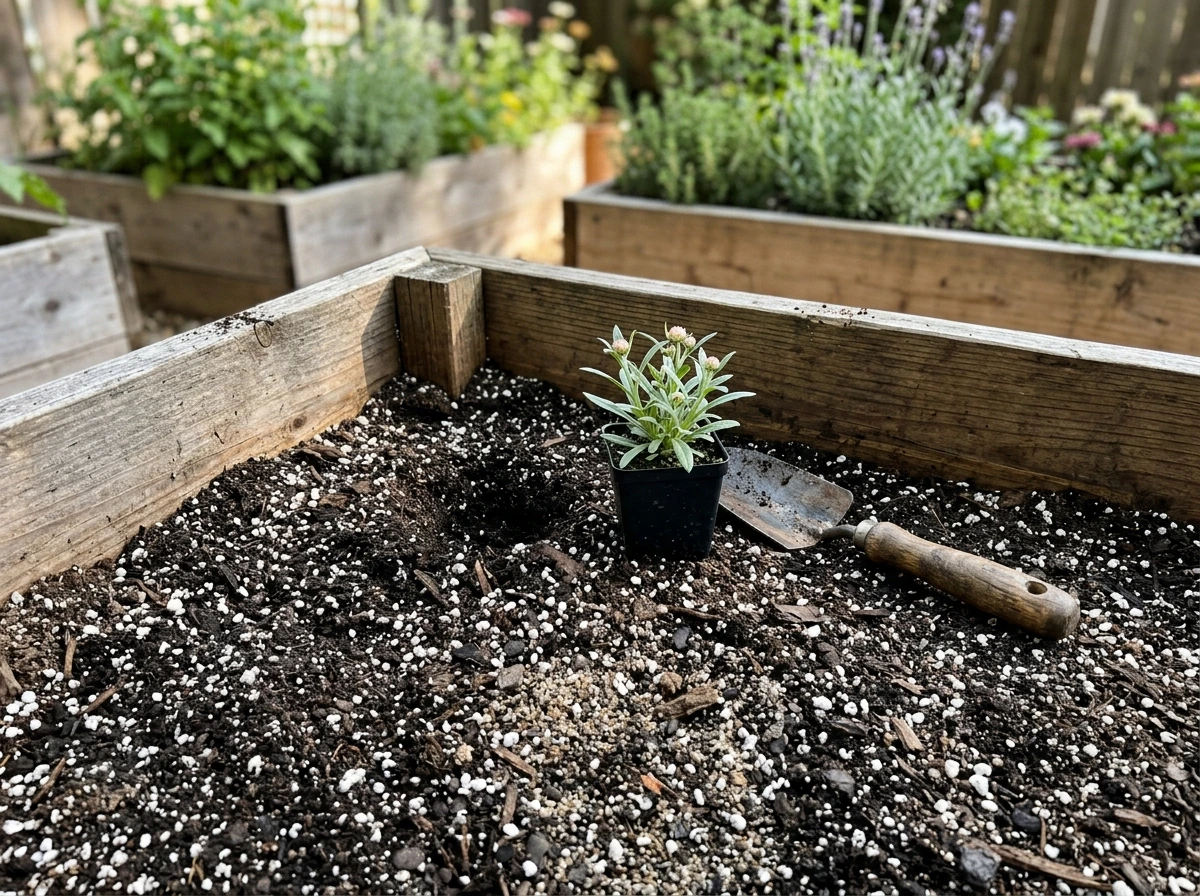 Raised bed or container planting setup with well-draining mix for strawflowers.