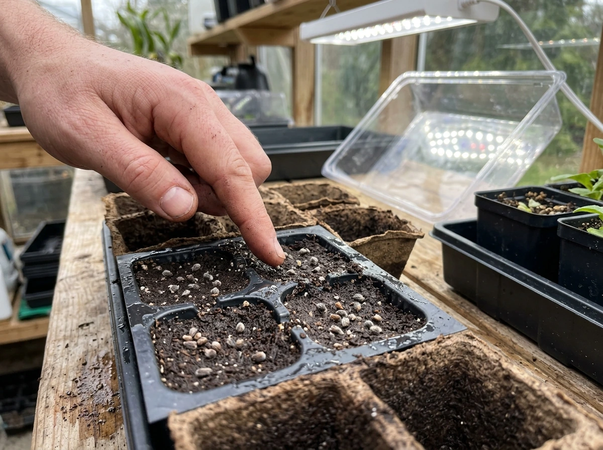 Seed tray with strawflower seeds on the surface ready to germinate under light.