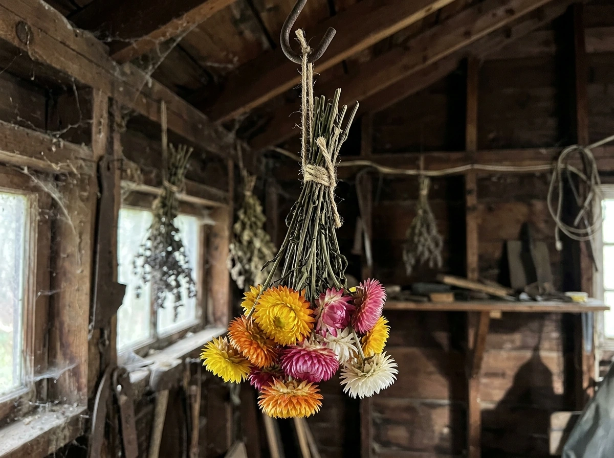 Cut strawflower stems drying upside down in a dark, airy space.