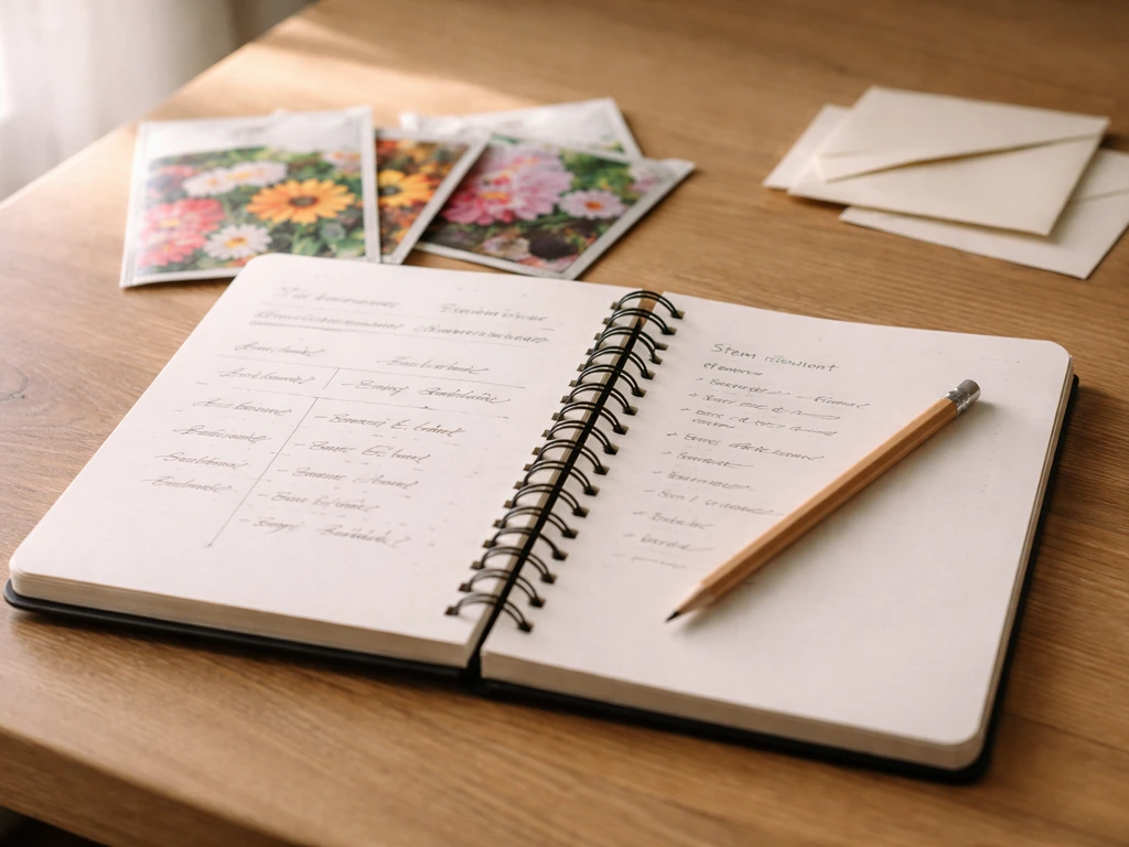 Wedding planner desk with seed packets, pencil, and a hand-written timeline note beside stem-count list