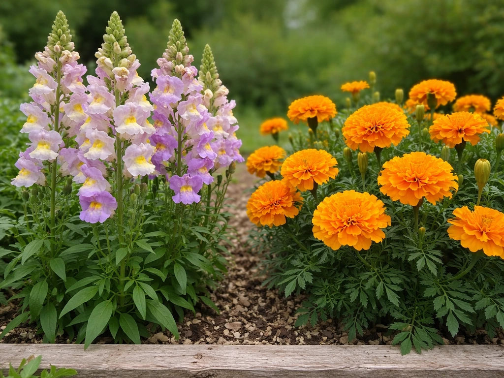 Close-up of snapdragons and marigolds on a simple garden path, showing beginner-friendly cutting flowers