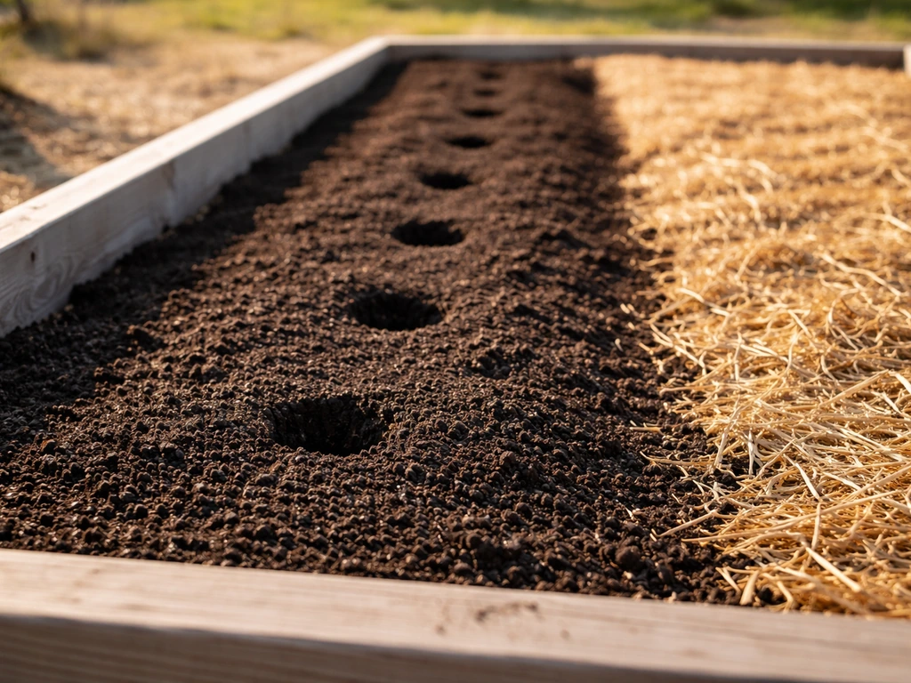 Sunlit raised cutting garden bed with dark compost and mulch amendments along a tidy row.
