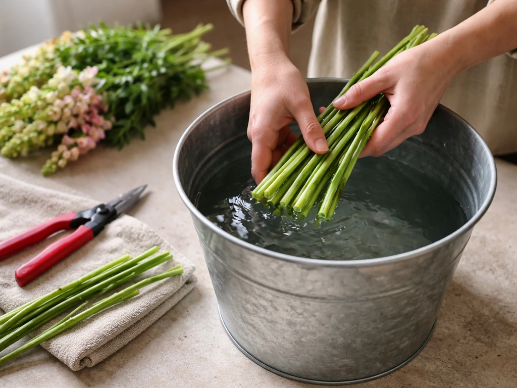 Freshly cut snapdragon stems placed into a bucket of cool clean water immediately after cutting.