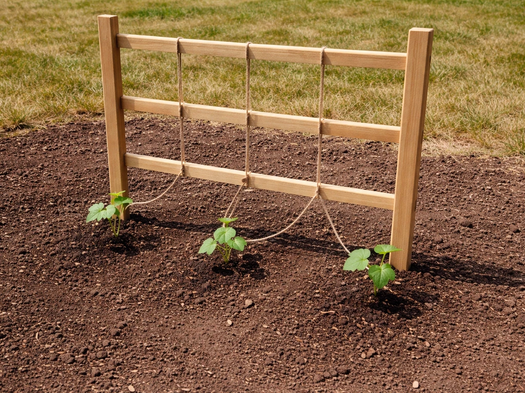 Moonflower seedlings spaced beside a trellis in a sunny garden bed with visible soil and training twine