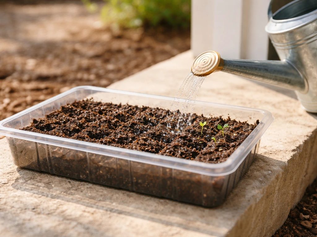 Garden close-up of seed tray on warm soil with sprouting seedlings and nearby watering can
