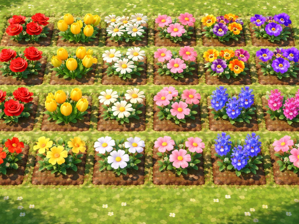 Vibrant flower garden grid with colorful flowers in neat rows on tiled ground