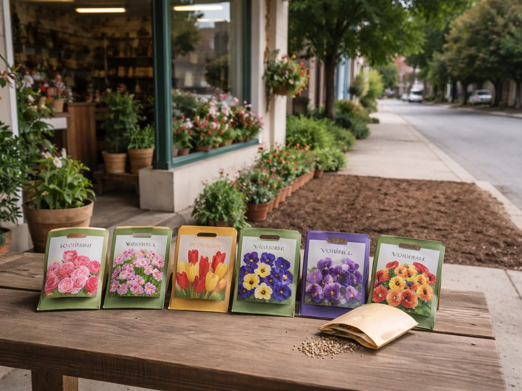 Garden shop entrance on Main Street with neatly arranged seed bags and an empty soil patch ready to plant.