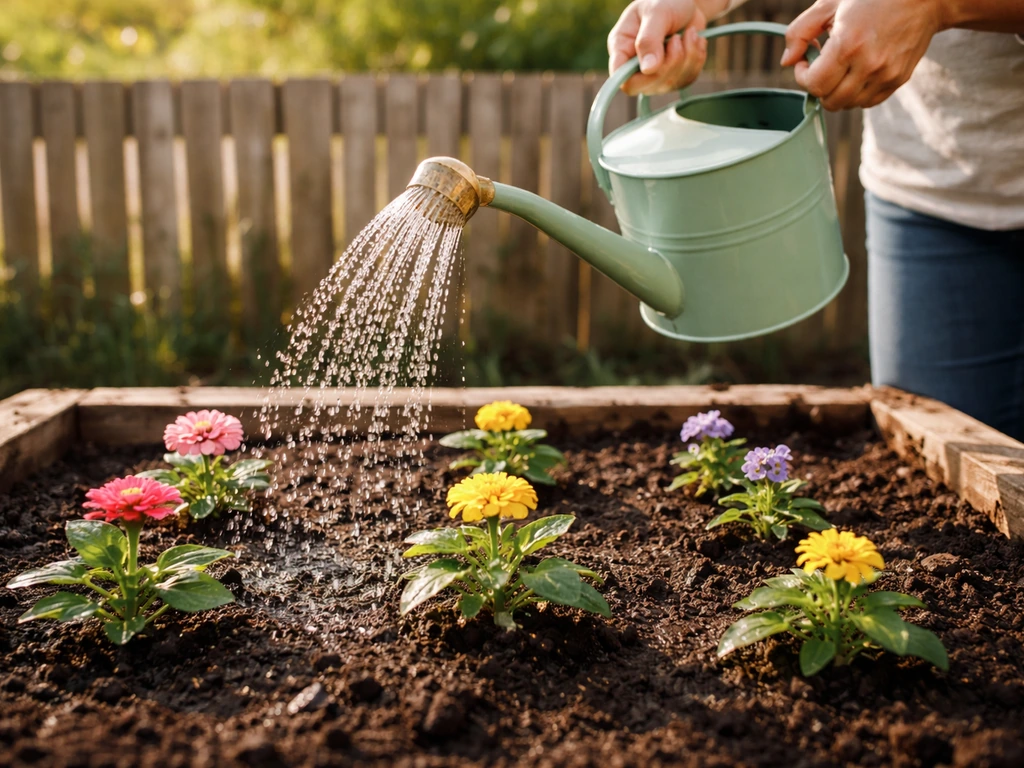 Hands watering a garden bed with seedlings in the morning light, water streaming onto flowers.