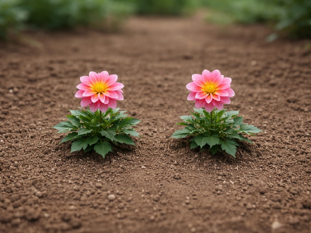 Two adjacent same-species flowers in a simple garden bed, showing clear spacing for hybrid breeding.