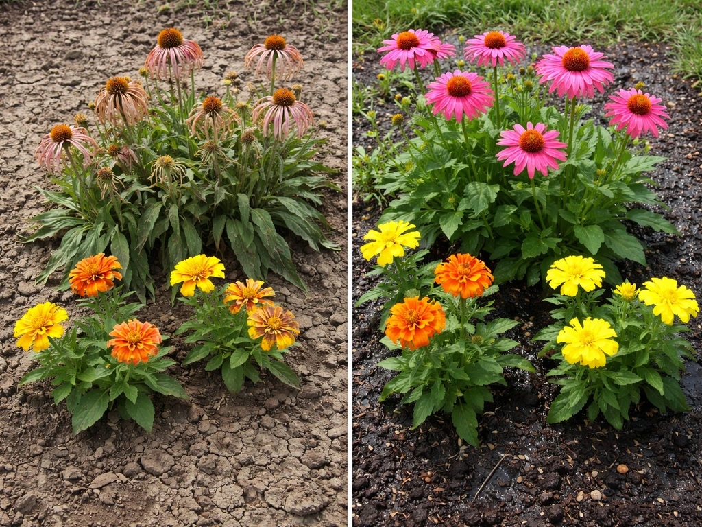 Garden bed with dry wilted flowers beside a freshly watered row with healthier blooms