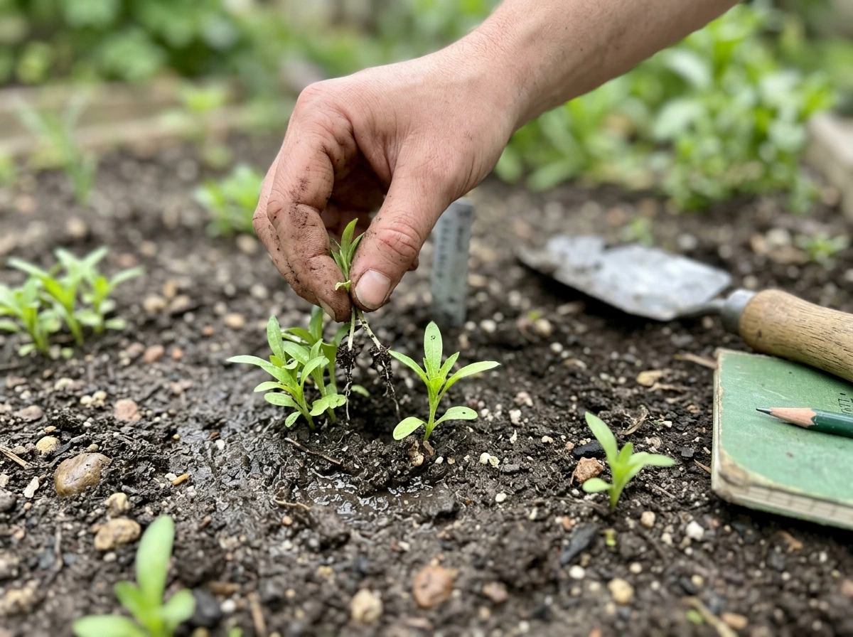 Thinning cornflower seedlings by removing extras for proper spacing