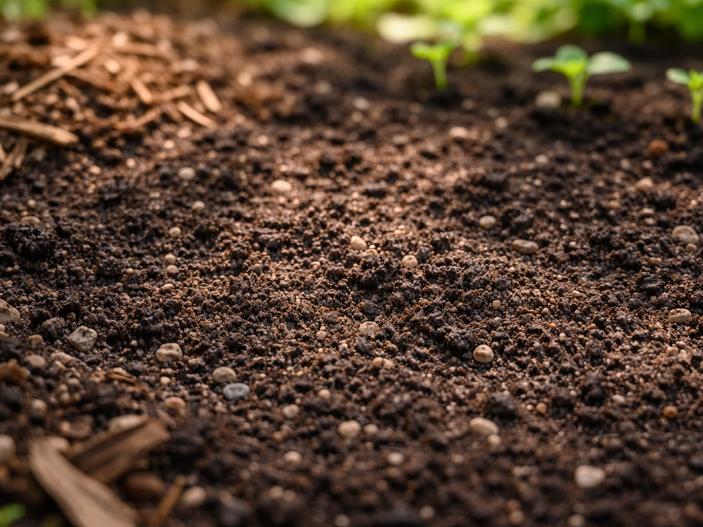 Closeup of well-draining lightly moist garden soil with mulch and dappled light