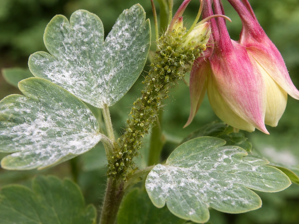 Close-up of columbine leaves with clustered aphids and white powdery mildew patches.