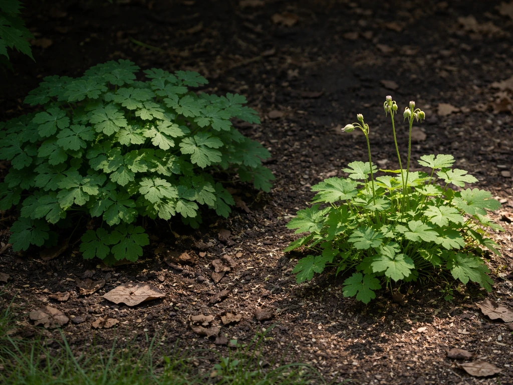 Second-year columbine leaves in deep shade with no flowers, contrasted by a brighter sunny spot nearby.