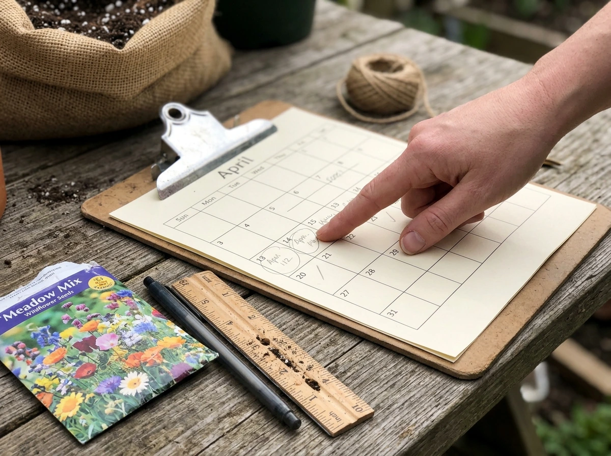 Seed packet, labels, and garden notebook used to plan frost timing
