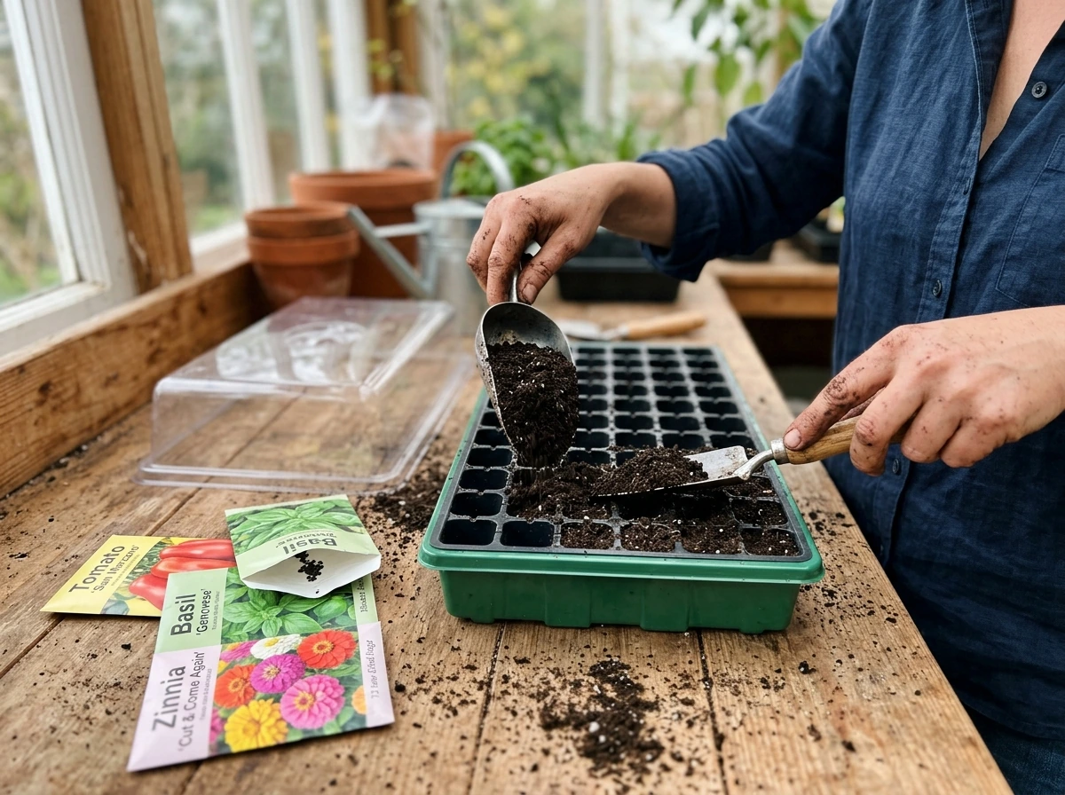 Seed-starting tray filled with sterile seed-starting mix and labeled cells