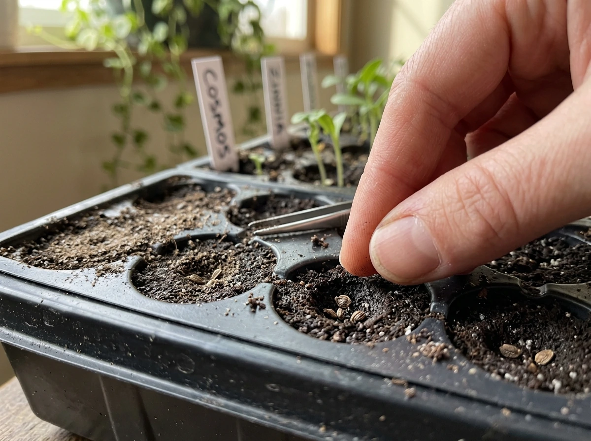 Seeds being planted at the correct shallow depth in individual cells