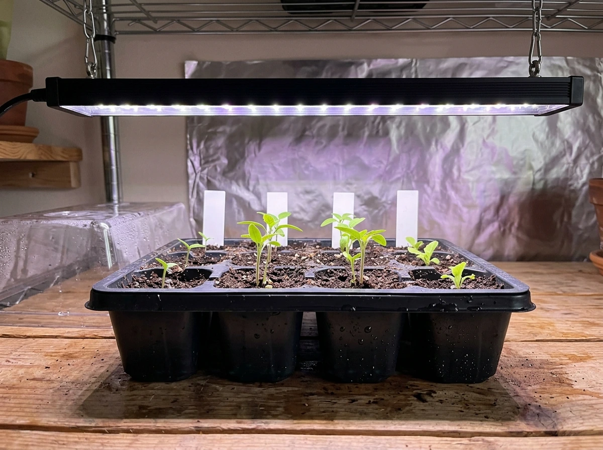 Seedlings under grow lights with spacing after sprouting