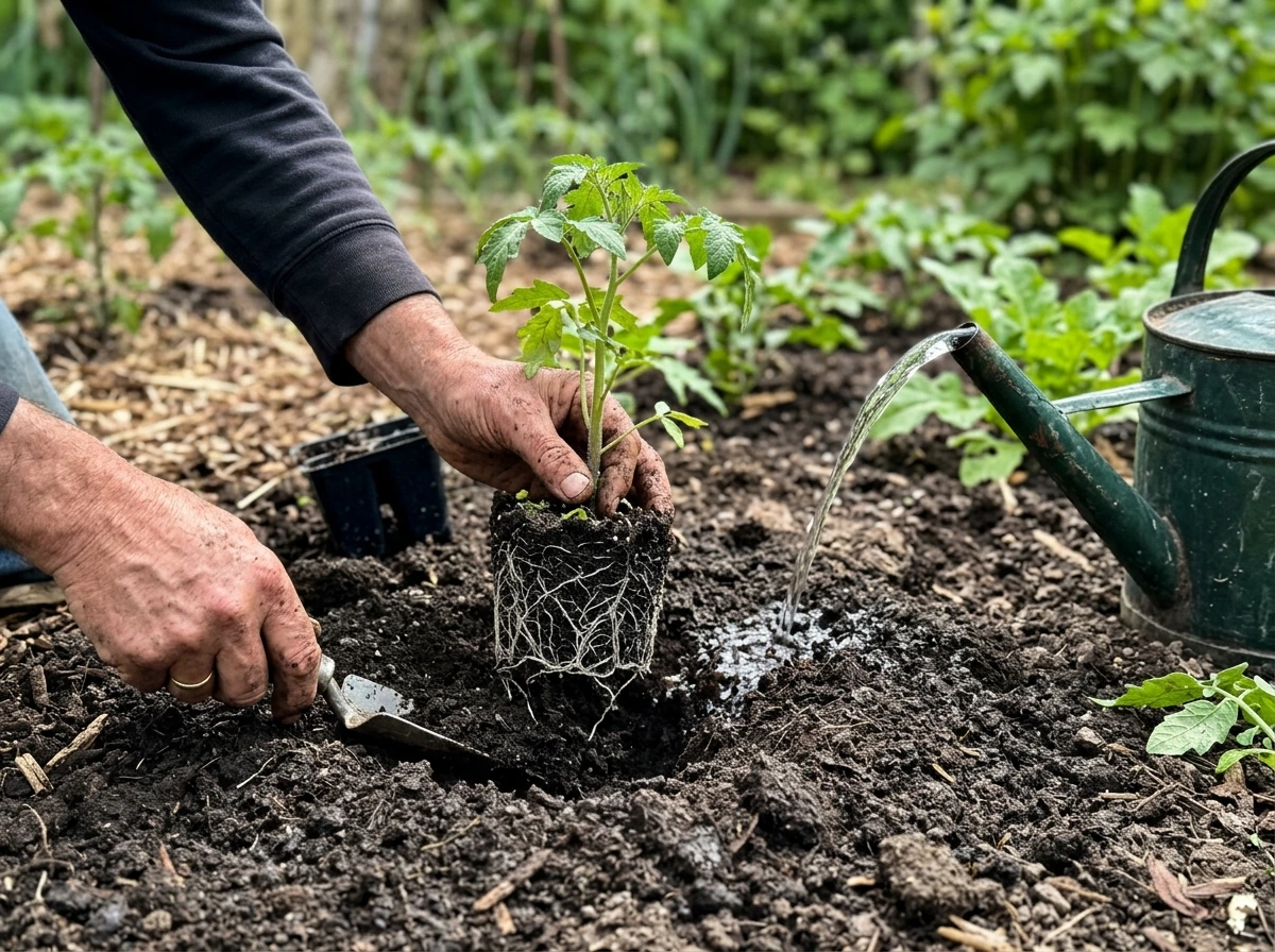 Transplanting: seedling removed from cell and set into freshly dug hole