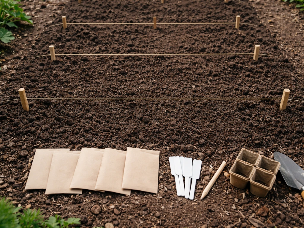 Overhead view of a simple flower bed layout with spacing markers and unlabeled seed packets on soil