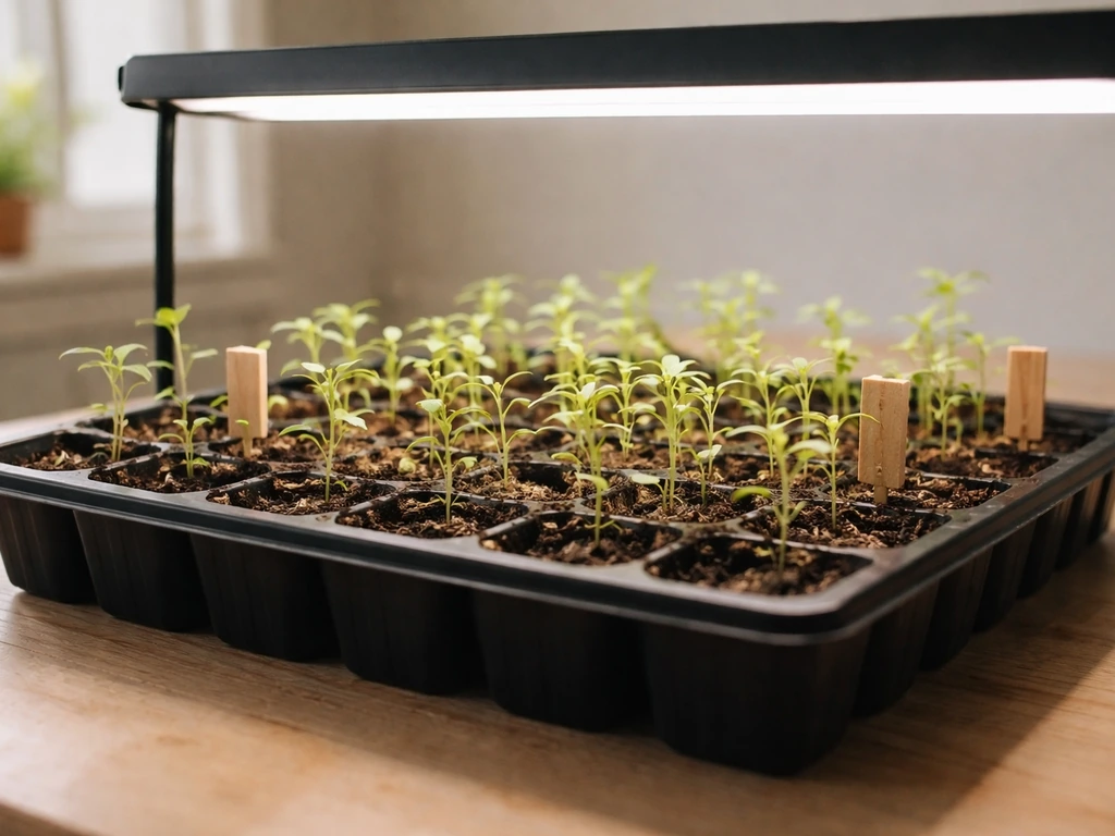 Seed tray with snapdragon-like seedlings under a grow light, ready for transplanting.