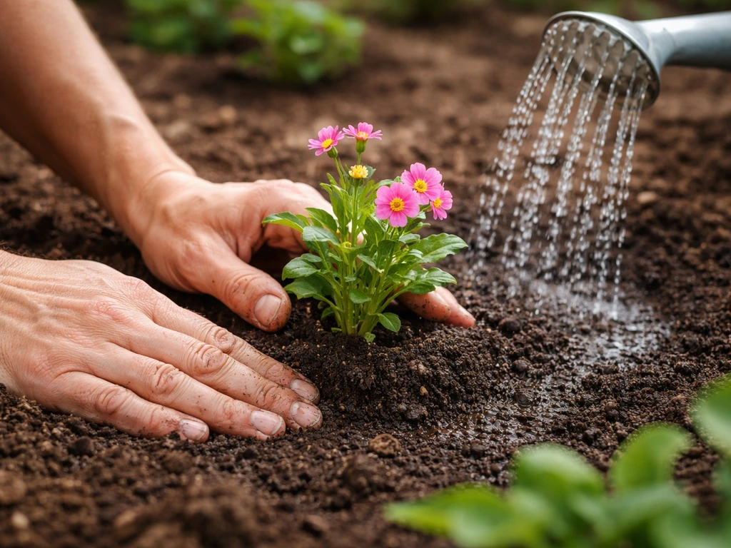 Transplant flowers set into prepared soil with gentle hand firming and immediate watering.