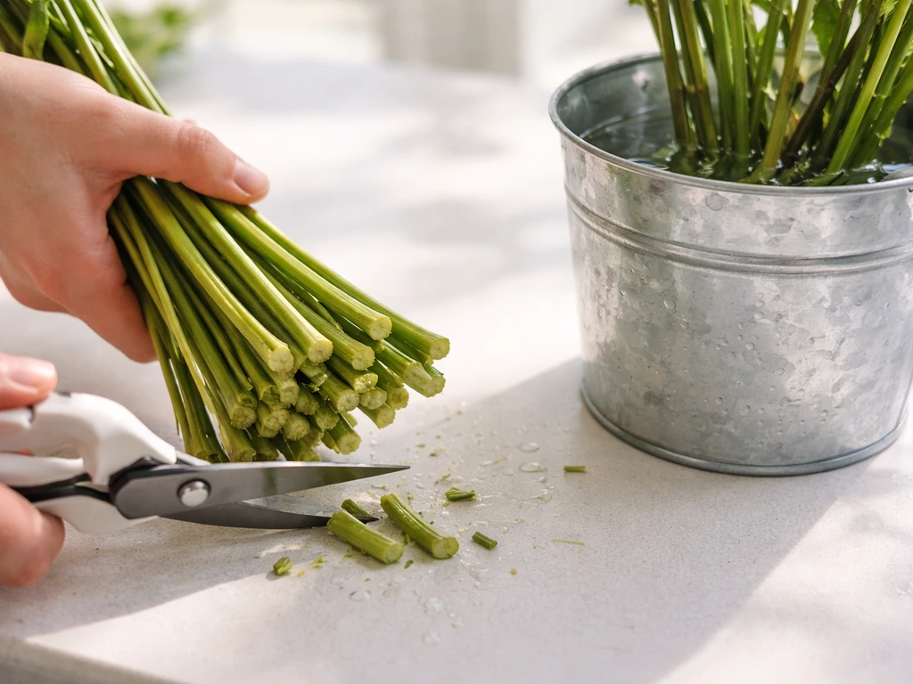Freshly cut flower stems with angled snips and a cool bucket for conditioning in morning light.