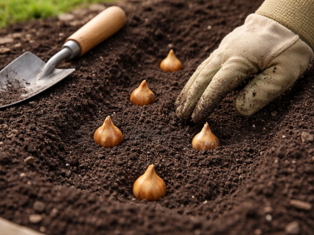 Close-up of crocus corms spaced in soil with pointed ends facing up at correct planting depth