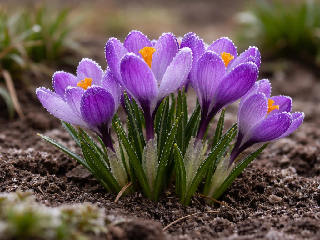 Purple and white crocuses in bloom with light frost on petals in an early-spring garden.