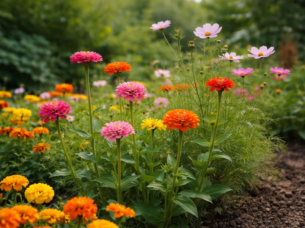 Vibrant seed-grown zinnias, cosmos, and marigolds with long stems in a backyard garden bed