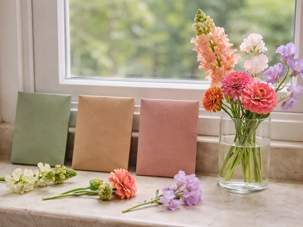 Seed packets beside fresh cut-flower stems on a sunny windowsill, suggesting variety selection criteria.