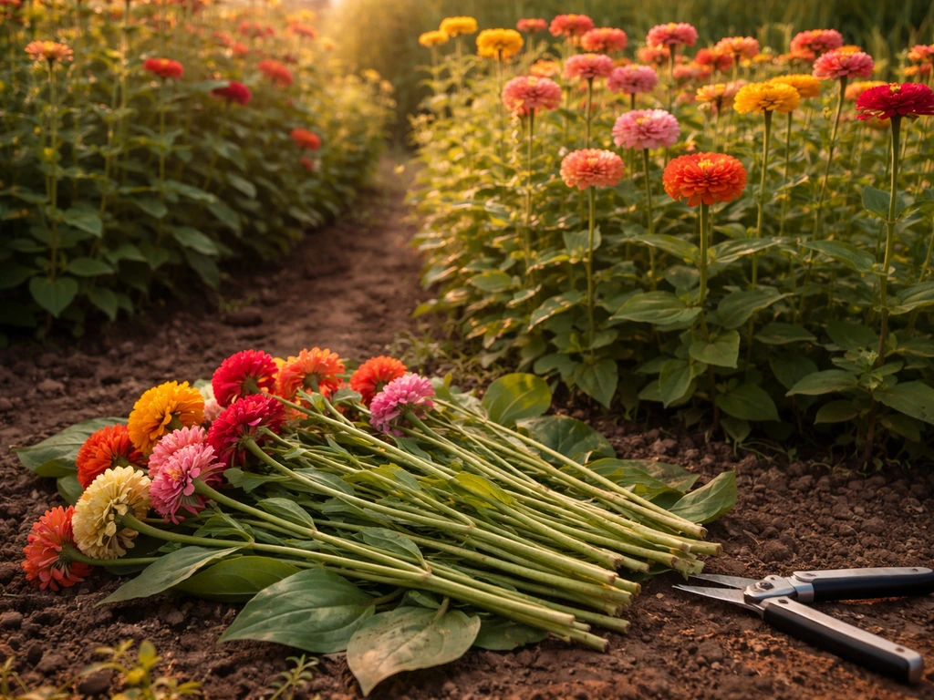 Tall zinnia plants in a cutting garden with harvested long stems laid out in the foreground.