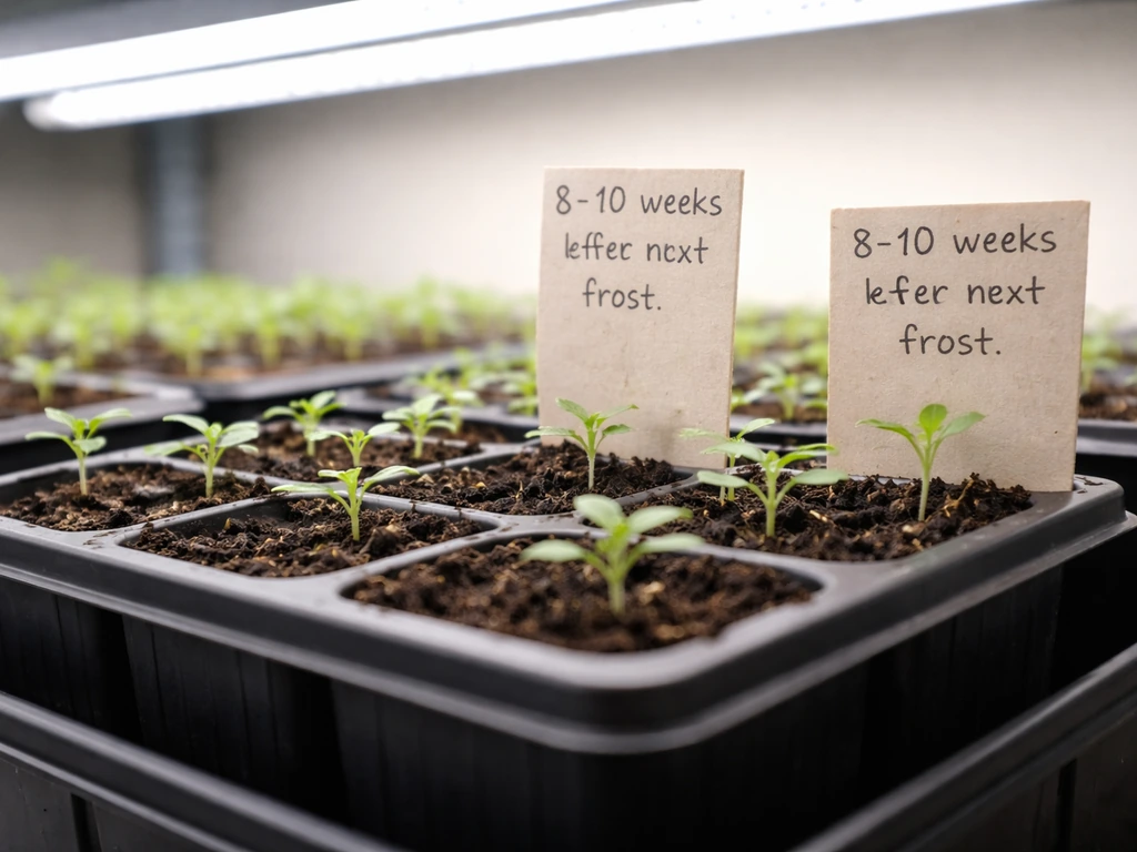 Snapdragon seedlings in indoor seed trays under lights, with plant markers reading “8–10 weeks before last frost”.