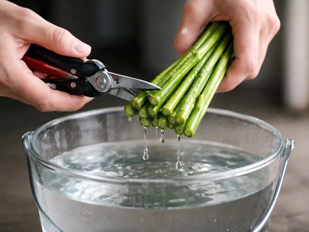 Hand snips flower stem ends and places them into clean water in a cool shaded spot.